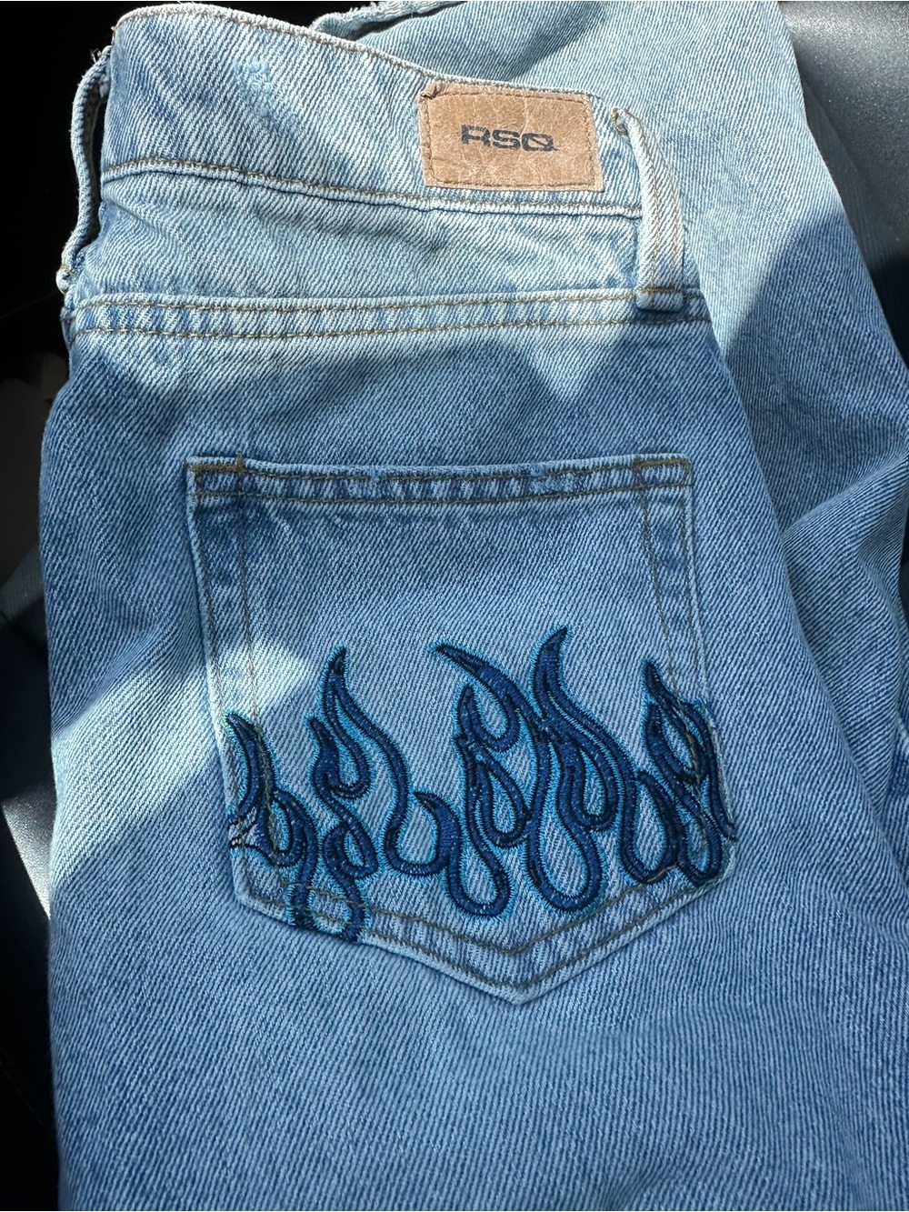 RSQ Light Blue Jeans with Navy Blue Flame Embroidery Extra Baggy